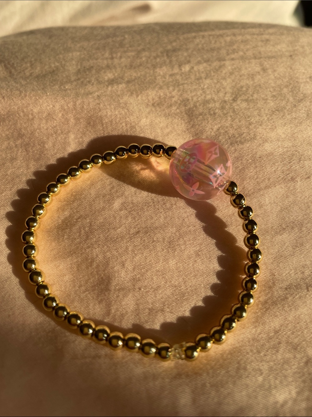 Gold Beaded Bracelet with Pink Accent Bead - Picture 7 of 9